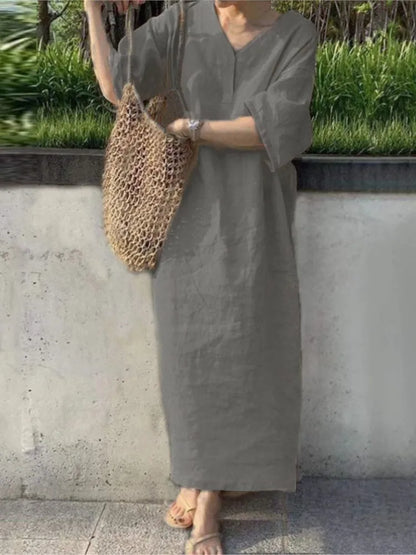 Women V Neck Button Short Sleeve Loose Maxi Dresses Summer Casual Female Holiday Beachwear Solid Color Cotton Linen Party Dress