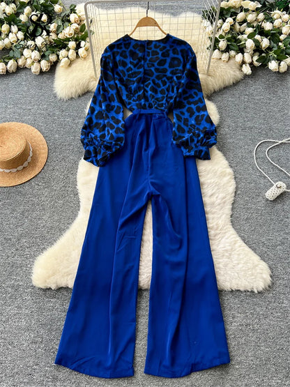 SINGREINY Autumn Leopard Long Jumpsuits V Neck Long Sleeves Belt Wide Legs Pants Women American Retro Senior Office Lady Rompers