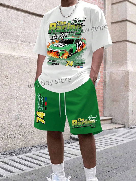 Racting Retro print 2 Piece Set Men T-Shirt Shorts Pants Suit Casual Short Tracksuit  Vintage Outfit Sportswear Male Clothing