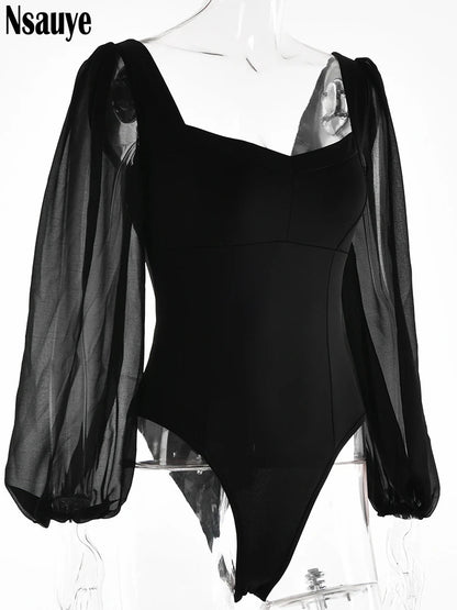Nsauye 2022 Autumn Summer Sheath Long Puff Sleeve Skinny Women Rompers Bodysuits Y2K Square Collar Fashion Jumpsuit Body Tops