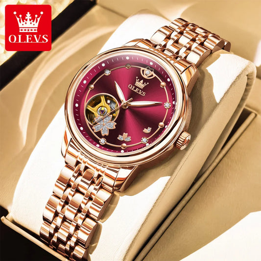OLEVS Women Watch Luxury Original Mechanical Watch For Women Top Brand Waterproof Ladies Automatic Hollow Tourbillon Wristwatch
