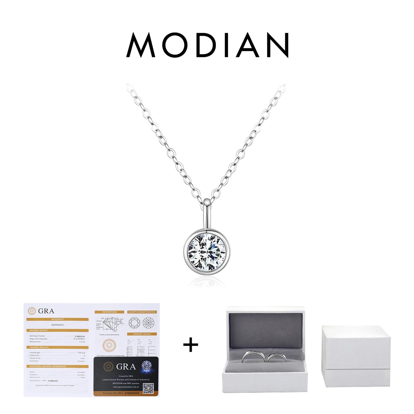 MODIAN 1カラット Dカラー ラウンド ベゼルセッティング モアサナイト ペンダント ネックレス 925シルバー ラボダイヤモンド レディース ジュエリー 証明書付きボックス