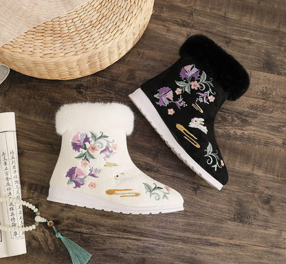 ファッション冬用ブーツ レディースシューズ エスニックスタイル 刺繍入りショートブーツ レディース 暖かいスノーシューズ 女性用 アンティークダンス フラットブーツ