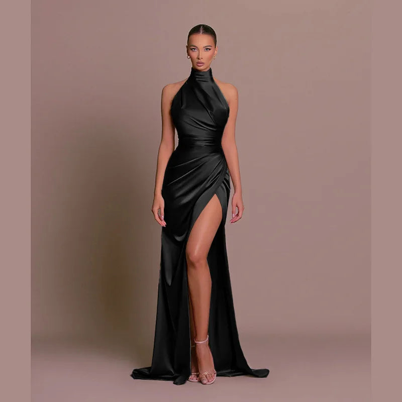 Ladies Summer Satin Evening Birthday Party Dresses Women Sleeveless Backless Halter Side Slit Elegant Long Dress Mowan Clothes