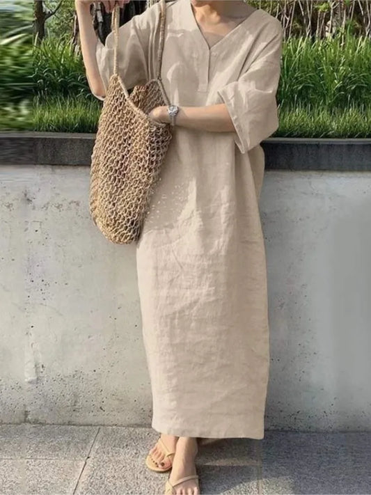 レディース Vネック ボタン 半袖 ゆったり マキシドレス 夏 カジュアル 女性 ホリデー ビーチウェア 無地 コットン リネン パーティードレス