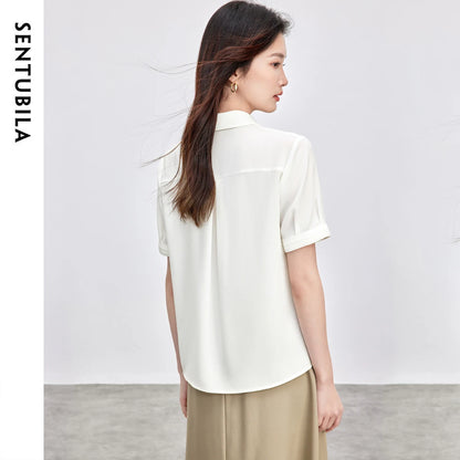 SENTUBILA Turn Down Collar Shirt Women Summer 2025 Twill Texture Chic Button Short Sleeve Elegant Solid Woman Blouse 152C87931