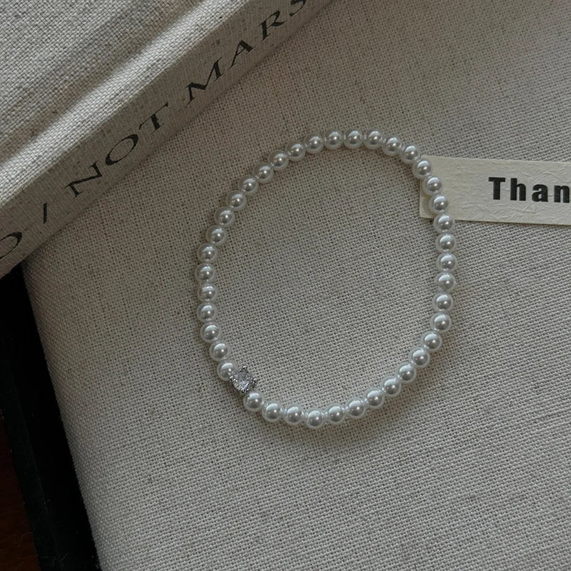 French Retro Single Zircon Pearl Bracelet for Women Simple Handmade Beaded New Elegant Luxury Jewelry Birthday Gifts for Female