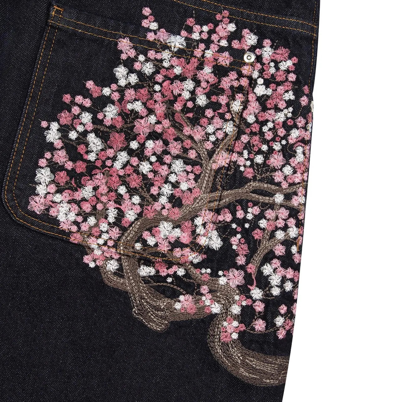 メンズ レディース チェリーブロッサムナイト オール刺繍 デニムパンツ Y2K ヴィンテージ バギー ストリート ストレートジーンズ ハイウエスト ウォッシュ加工 ブルージーンズ