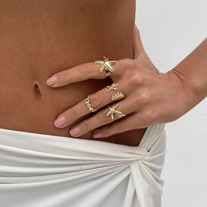 SHIXIN 4Pcs/Set Starfish Scallop Adjustable Open Rings for Women Trendy Geometric Gold Color Ring Summer Beach Jewelry Accessory