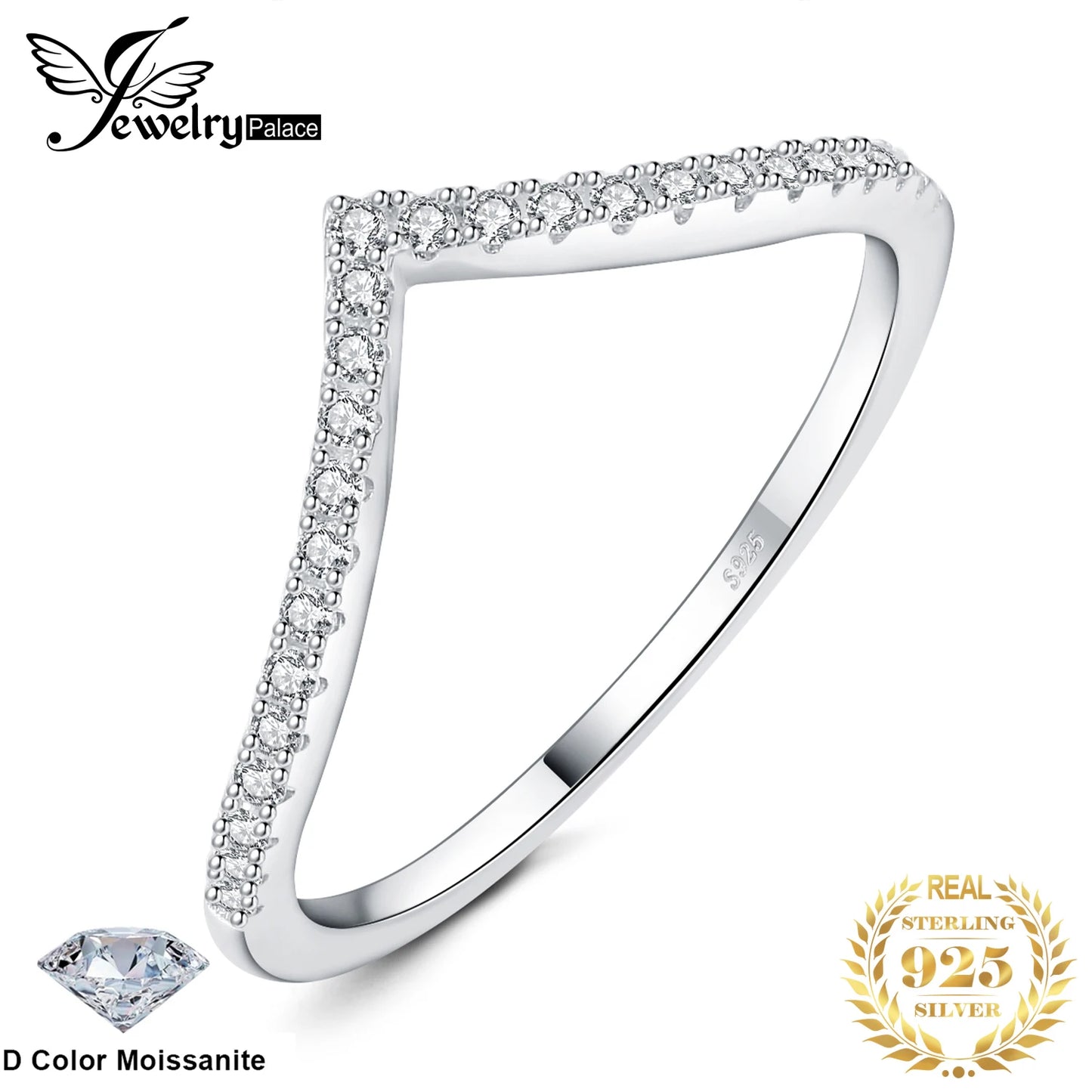 JewelryPalace モアサナイト Dカラー ラウンドカット 925スターリングシルバー V字型 重ね付け可能 ウェディングリング レディース イエロー ローズゴールドメッキ