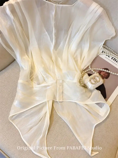 French Cross V-Neck Chiffon Blouse Women's Summer Premium Linen Sleeveless Irregular Tulle Top