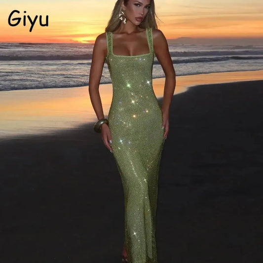 Giyu セクシーなスパンコールメッシュダイヤモンドクラブイブニングパーティードレスレディース2025夏秋ノースリーブバックレスボディコンマキシロングドレス