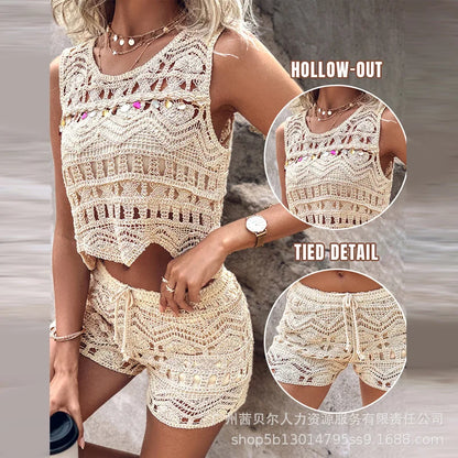 Spring Summer New Slim Solid Hollow Out Two-Piece Suit Women O-Neck Sleeveless Irregular Short Vest Drawstring Shorts Suit