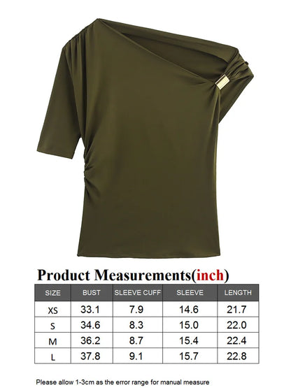 TRAF GAL 2025 Summer Thin Women Tees Short Sleeve Metal Detail Ruched Elastic Slim Asymmetric T-Shirt Female Crop Top Y2K