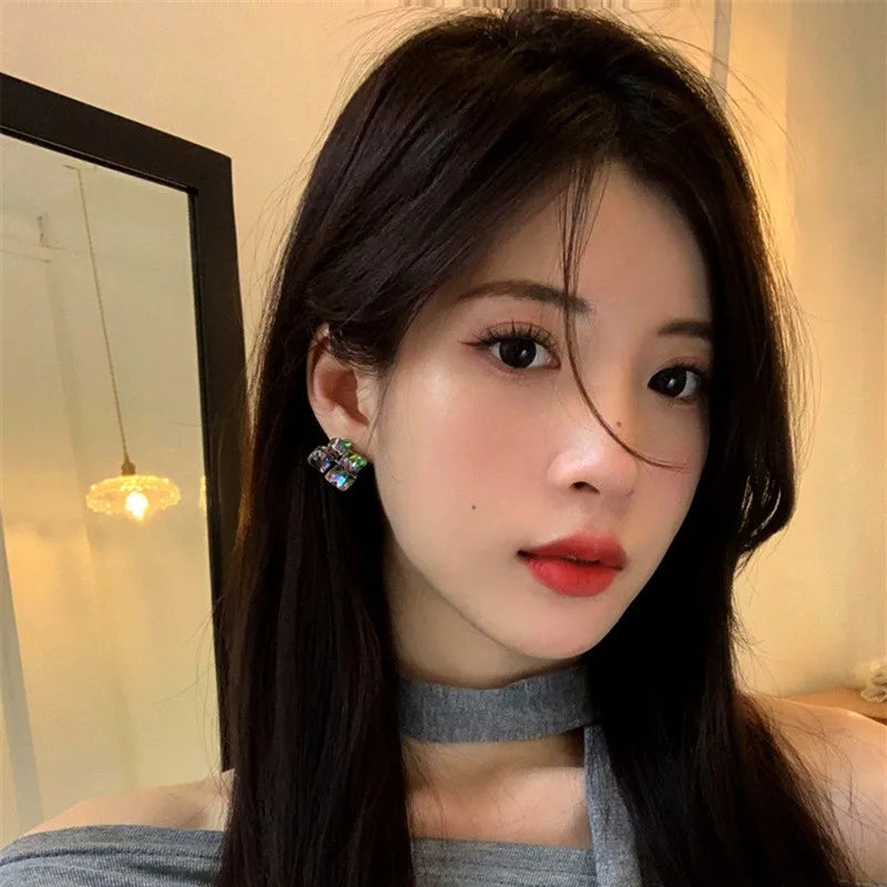 925 Silver Needle Korean Fashion Dream Colorful Crystal Earrings For Women Jewelry 2025 Trending Luxury Cube Sugar Stud Earrings