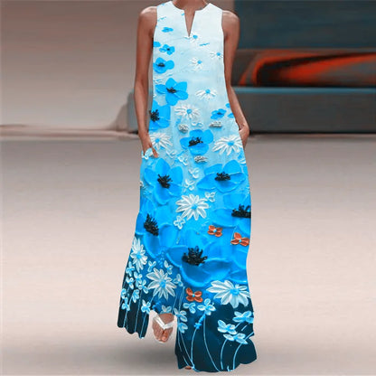 New Floral Pattern Women Long Dresses Summer Sleeveless 3d Flower Printed Street Ladies Maxi Dress 3XL Plus Size Casual Dress