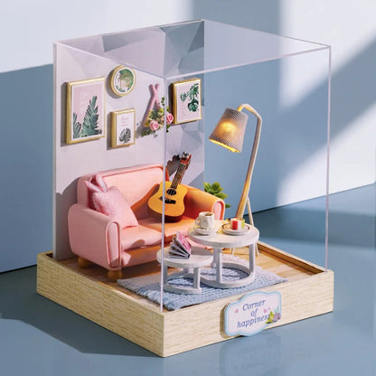 木製ミニチュアドールハウス DIY 小さな家キット 3Dパズル 組み立て式ハウス 家具 おもちゃ 子供の誕生日プレゼント