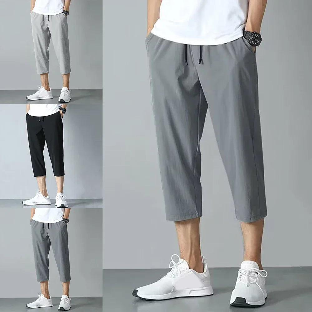 2025 New Summer Men's Ice Silk Pants Hong Kong Style Trendy Loose-Fit Straight-Leg Cropped Pants Korean Version Casual Pants