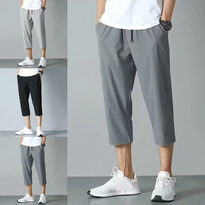 2025 New Summer Men's Ice Silk Pants Hong Kong Style Trendy Loose-Fit Straight-Leg Cropped Pants Korean Version Casual Pants