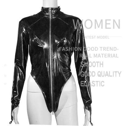 Shiny Faux PU Leather Zipper Open Crotch Bodysuit Wet Look PVC Catsuit Tight Sexy Body Teddies High Cut Swimsuit Leotard Unitard