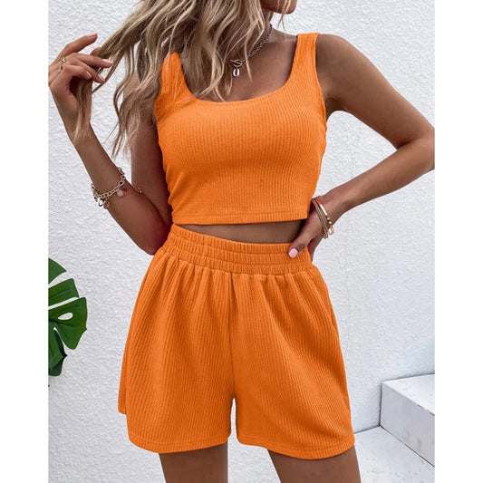 Girls' Fresh and Sweet Shorts Set 2023 Summer Casual Women's Knitted Rib Sleeveless U-neck Top and Shorts Two Piece Set