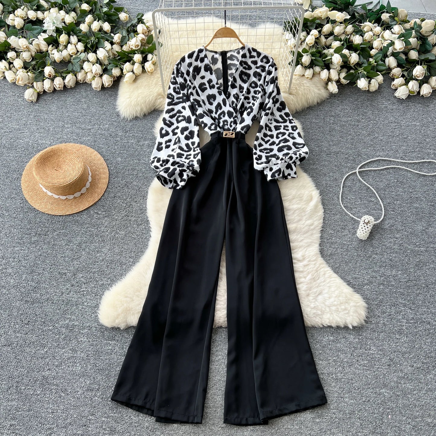SINGREINY Autumn Leopard Long Jumpsuits V Neck Long Sleeves Belt Wide Legs Pants Women American Retro Senior Office Lady Rompers