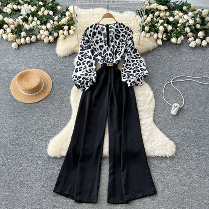 SINGREINY Autumn Leopard Long Jumpsuits V Neck Long Sleeves Belt Wide Legs Pants Women American Retro Senior Office Lady Rompers