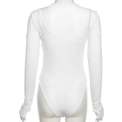Summer Solid Color Bodysuit See-Through Sexy Hollow Design Women Top Jumpsuits Slim Fit For High Street Clubwear Female