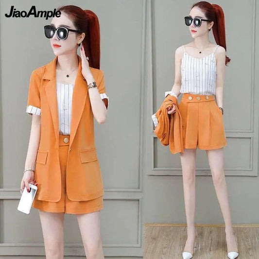 2025 Summer New Suit Jacket Shorts Suspenders Three-piece Women's Professional Wear Korean Fashion Blazers Coat Vest Pants Set