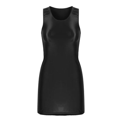 Women's Oil Glossy Stretch Tank Mini Dress Solid Color Sleeveless Tights Bodycon Short Dress Stretch U Neck Party Sundress