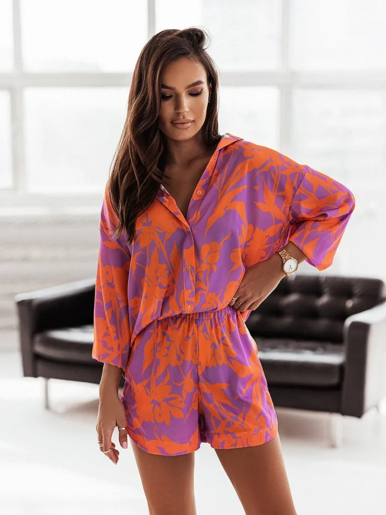 2025 Summer Casual Loose Shirt Shorts Set Women's Shirt Shorts Set of Two Print Solid Fashion Pieces for Women's Street Wear