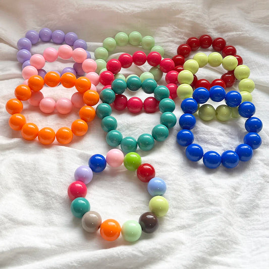 Cute Sweet Colorful Acrylic Big Bead Chunky Bracelet Fluorescent Hand Beaded Simple Bangles Summer Spring Jewelry Accessories