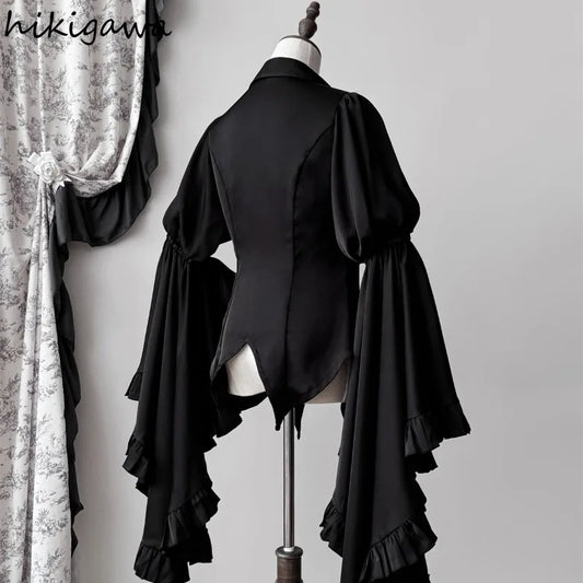 2025 Camisas De Mujer Vintage Blouses Women's Clothes Temperament Lady Tops Japanese Shirt Flare Sleeve Goth Slim Fit Blouse