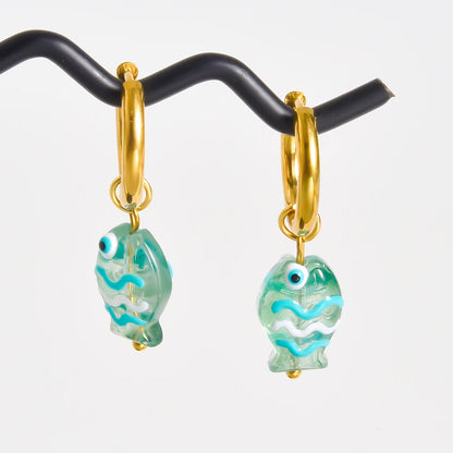 Stainless Steel Colorful Glazed Enamel Fish Hoop Earrings For Women Men Girl Cute Dopamine Fashion Ear Buckle Sea Animal Jewelry