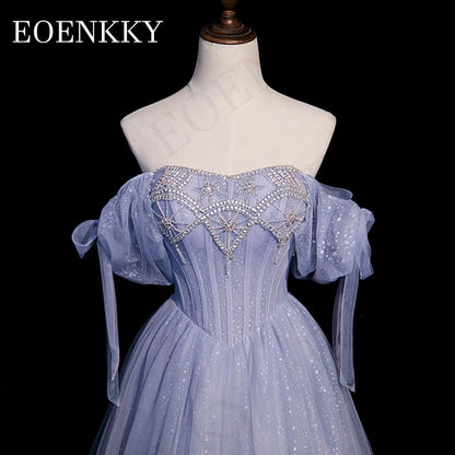 Princess Luxury Crystal Prom Dress Blue Glitter Puff Sleeves A Line Banquet Party Dresses Women vestidos para eventos especiales