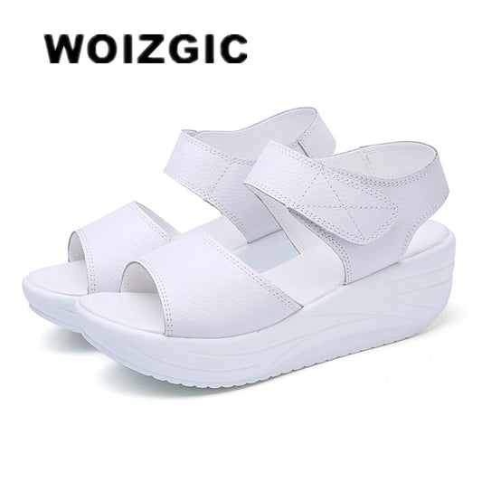 WOIZGIC レディース 本革 サンダル プラットフォーム フック＆ループ カジュアル 夏 クール ビーチ AM-9018