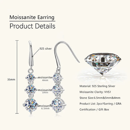 Lnkry 925 Sterling Silver Drop Earring Certified GRA 6.5mm&5mm&4mm Three Stone Moissanite Dangle Earrings For Women Jewelry Gift