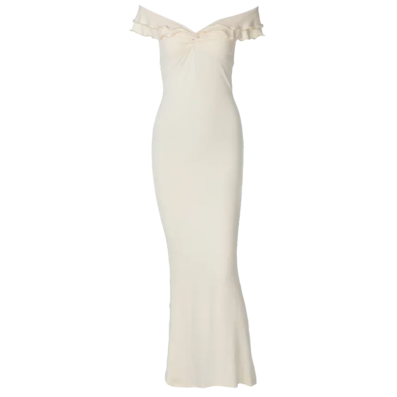 2024 Fall Solid Slash Neck Ruffles Sexy Bodycon Elegant Maxi Prom Dress Women Y2K Outfits Evening Party Birthday
