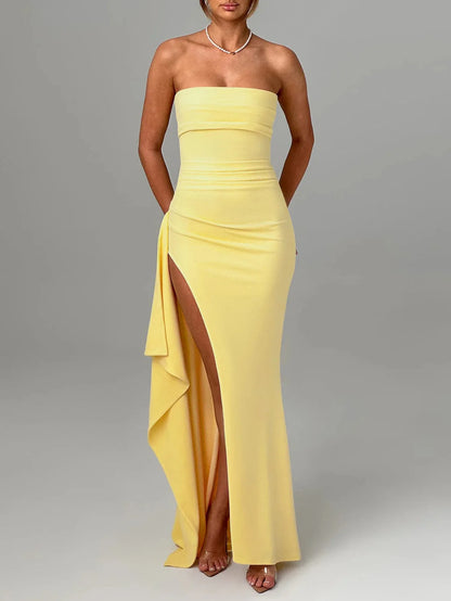 Giyu Sexy Club Evening Party Dresses Women 2025 Summer Slash Neck Backless Ruffles Split Maxi Long Dress Elegant Bodycon Robe