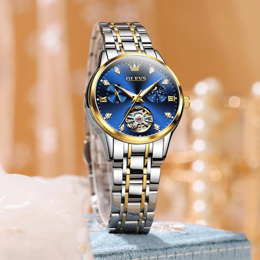 OLEVS Brand Tourbillon Women Watches Luxury Automatic Mechanical Fashion Ladies Watch Waterproof Moon Phase reloj