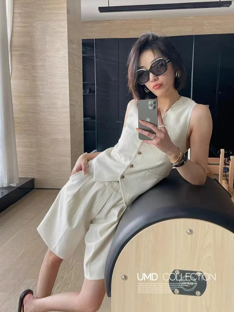 Insozkdg Vintage French Striped Suit Vest Wide Leg Trousers Three-piece Set Casual Loose Stripe Print Blazer Vest Trousers Sets