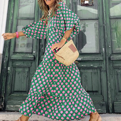 Women's Summer Casual Fashion Geometric Print Neckline Lace-up Bubble Middle-sleeves Ruffle Stitching Big Swing Long Losse Dress