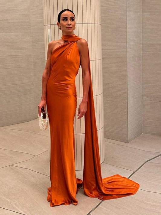 Elegant Satin Ribbon Halter Backless Sleeveless Dress for Women Slim Fit Party Evening Robes Lady Solid Color Autumn Summer 2025