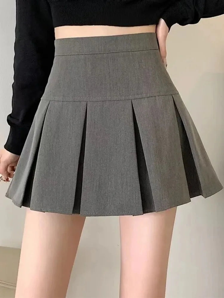 ヴィンテージグレー プリーツスカート レディース かわいい ハイウエスト ミニスカート 韓国ファッション 学生服 原宿ストリート 春コーデ