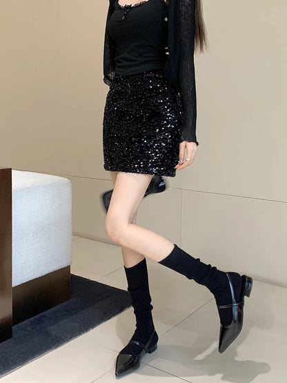 High Waist Sequined Casual A Line Skirts Women 2025 Elegant Korean Fashion Y2k Clothes Sweet Kawaii Black Micro Skirt Harajuku