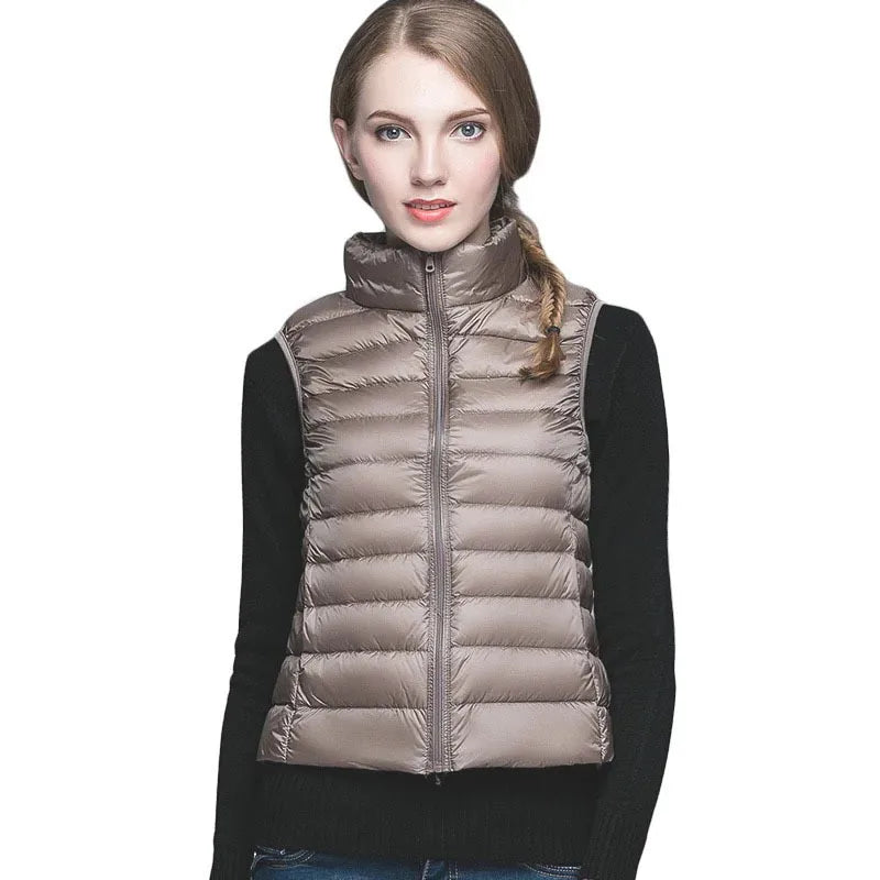 White Stand Collar Women's Sleeveless Down Vest Coat Winter Thin Slim Business Vests White Blue Black Red Women Waistcoat 3XL