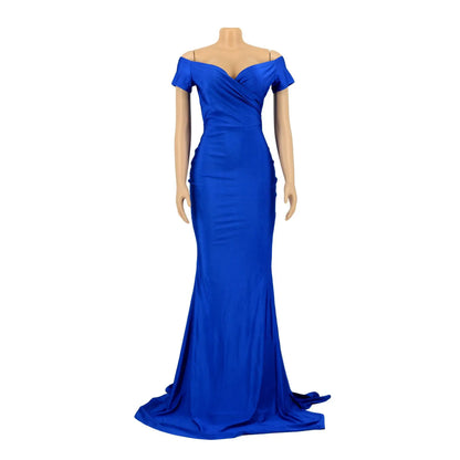2024Sold Maxi Elegant Luxury Designer Party Dresses Women Off Shoulder Evening Dress Mermaid V-Neck Pleated Backless Long Dress