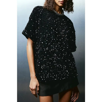 2025 Spring Sexy Women Velvet Sequins Shirt Top Elegant Short Sleeve O Neck Loose Sparkle Guest Party T-shirt Night Clubwear