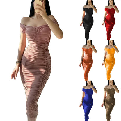 夏の新作無地ノースリーブコンデンスドレスレディースロングスカートエレガントな気質女性Vestidosワンショルダープリーツドレス
