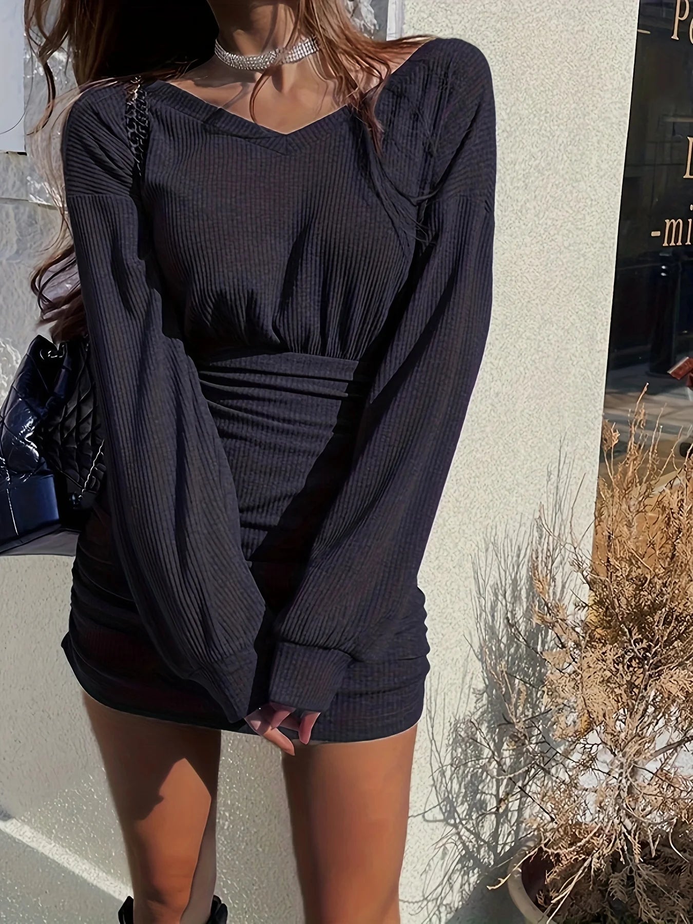 Ruched Bodycon Dress, Sexy Long Sleeve Bag Hip V Neck Mini Dress,Women's Clothing